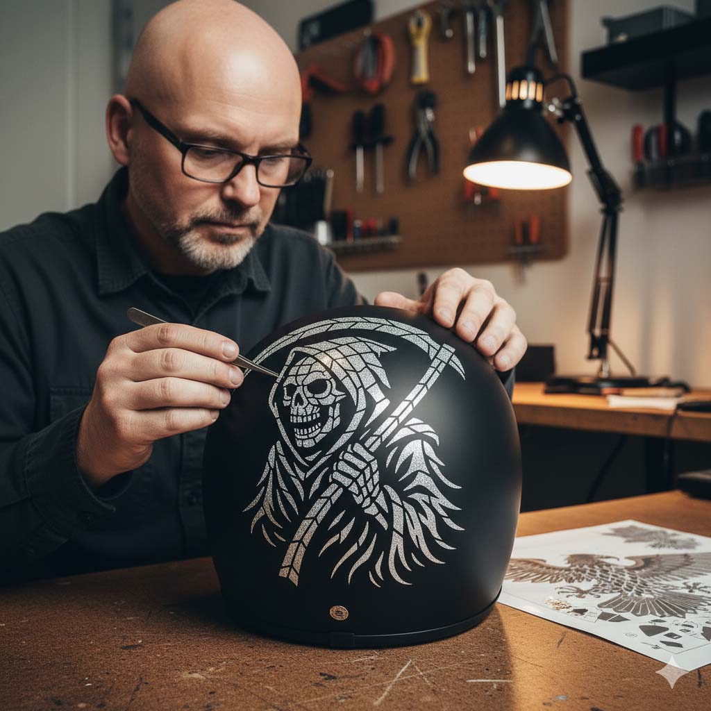 Image of a man sticking individual sticker-tiles to a black helmet constructing a motif of a grim reaper